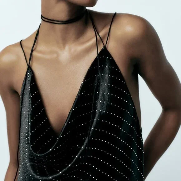 NWT JEWEL SATIN EFFECT BLACK RHINESTONE DRESS - Picture 6 of 11